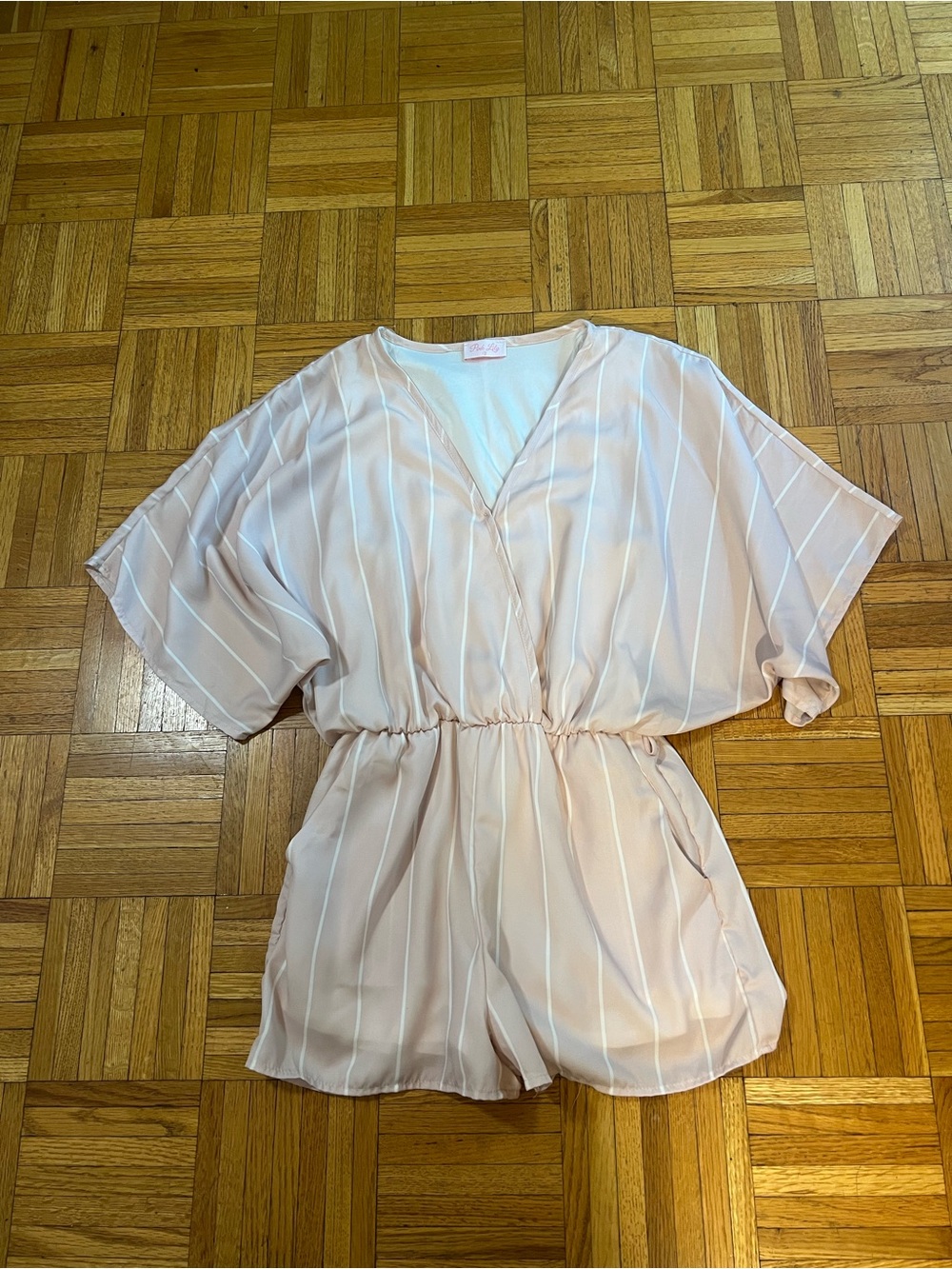 Coquette Date Night in Pink Lily Blush White Striped Satin Romper size small